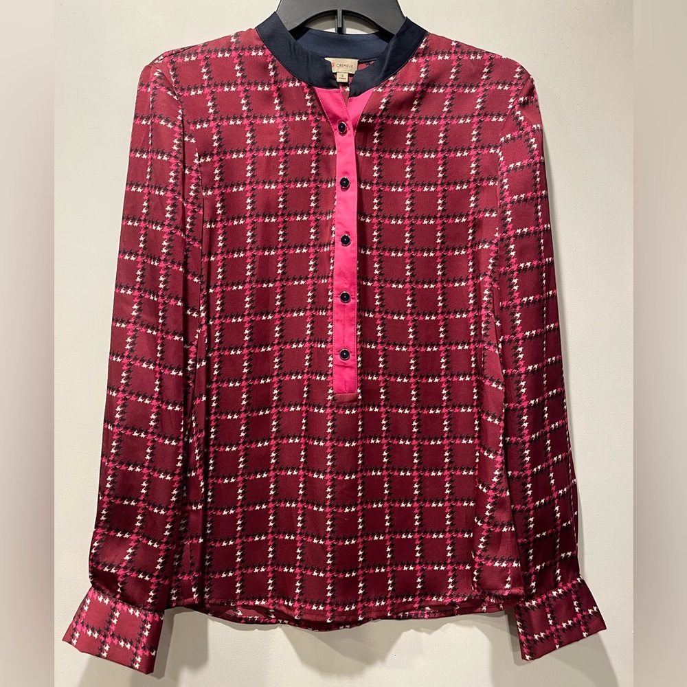 Cremieux Burgundy Houndstooth & Star Print Long-Sleeve Blouse – Size Small
